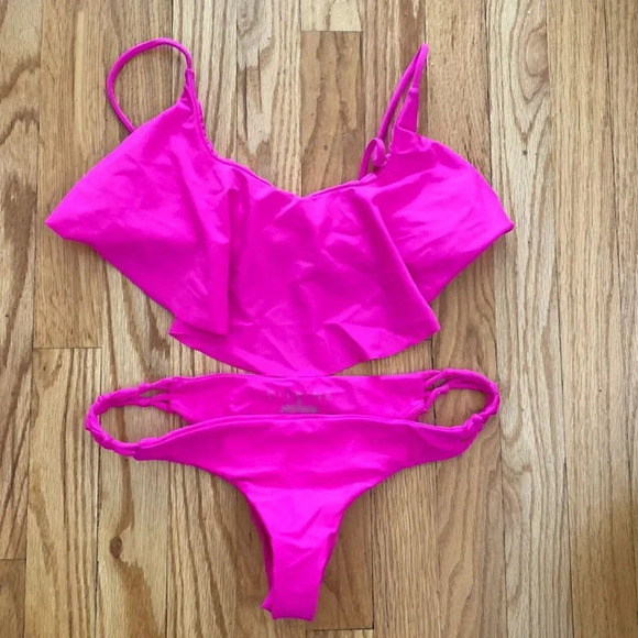 Anthropologie Citrine Swim L hot pink bikini, details, ruffled front Not worn - Picture 1 of 5